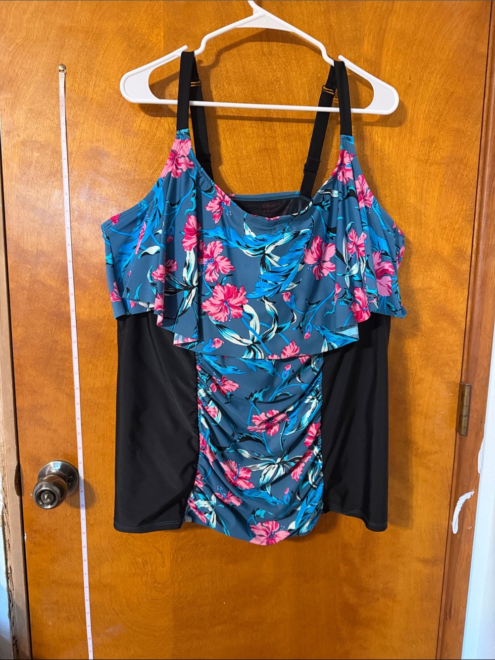 Catherines Teal Floral Ruffle Tankini Top with Black Side Panels